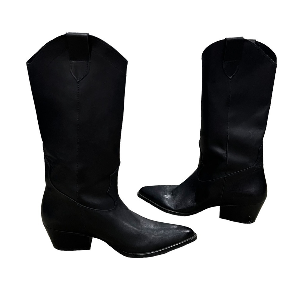 DEPP Black Pointed Toe Block Heel Cowboy Boots Size 38 Women's